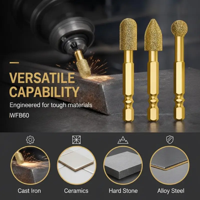 3Pcs Diamond Grinding Head Tile Rotary File Polishing Head For Iron, Stainless Steel, Ceramic, Tile, Fits Drill