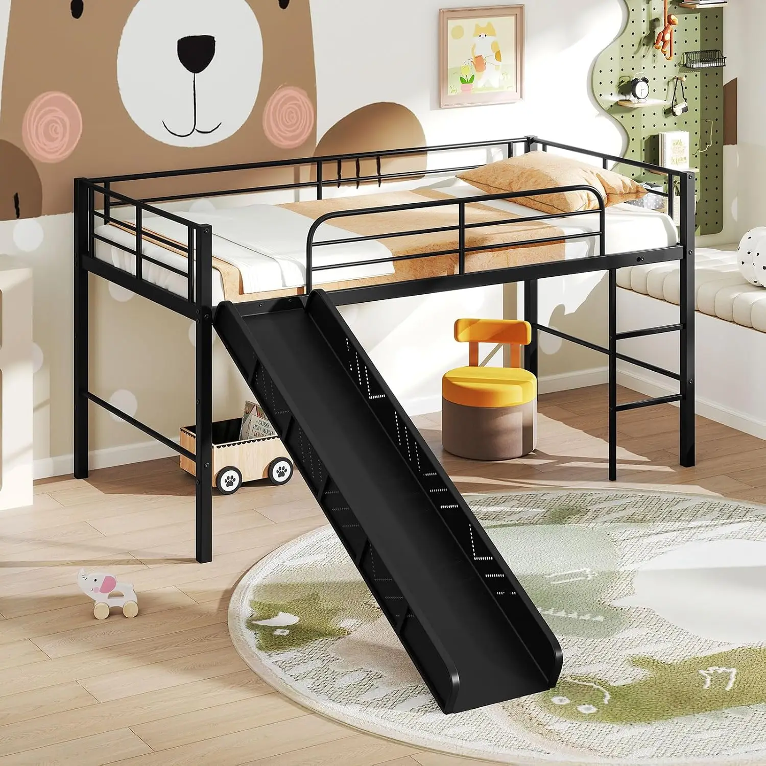 Twin Low Loft Bed with Slide & Ladder, Black Metal Frame with 29.5