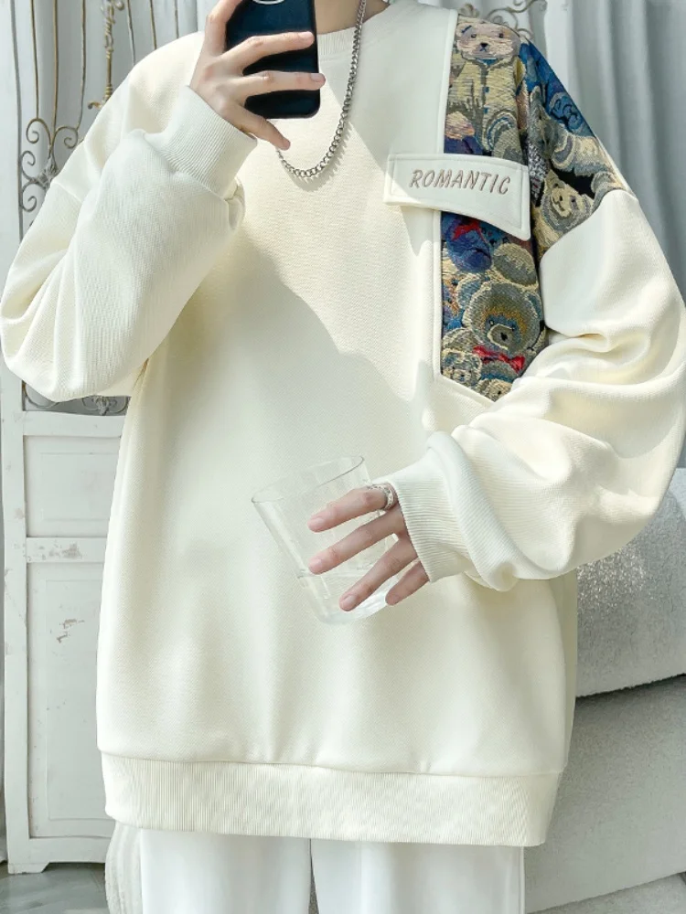 

Мужской свитшот с вышивкой медведя, круглый вырез, весна-осень, оверсайз, повседневная верхняя одежда, молодежный модный свитшот из плотной ткани