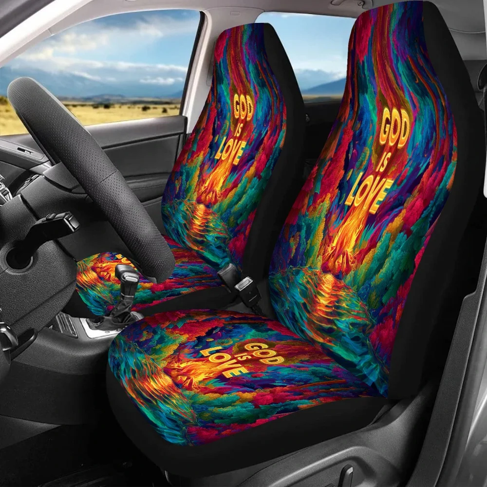 2pcs God'S Love Ablaze Car Seat Covers - Vibrant Floral & Fire Design, Fit For Women & Men, Enhances Driving Pleasure, Perfect G