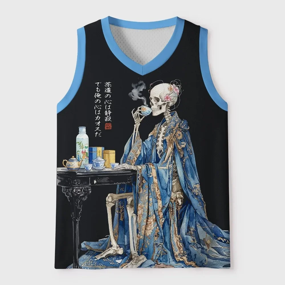 Fashion New Style Skull Drinking Tea Pattern 3D Print V-neck Men's Vest - Y2K Street Outdoor Casual Breathable Quick-drying Vest