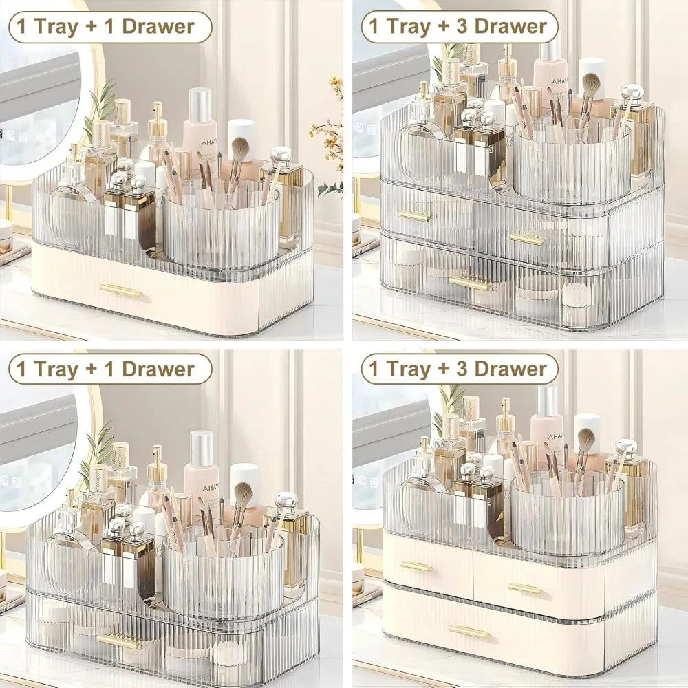 DASITON Makeup Organizer with Drawers and Rotating Makeup Brush Holder,Large Capacity Stackable Cosmetic Organizer Countertop,Ba