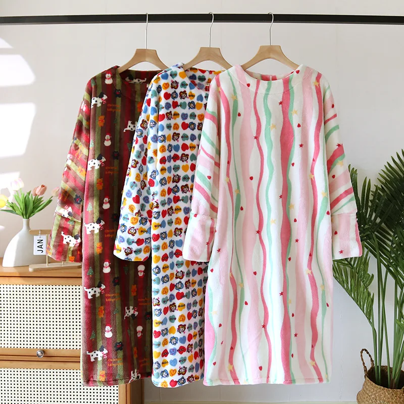 

Flannel Soft Nightgown Sweet Cartoon Sleepwear Autumn Winter Coral Fleece Nightwear Thickened Warm Home Wear Casual Nightdress