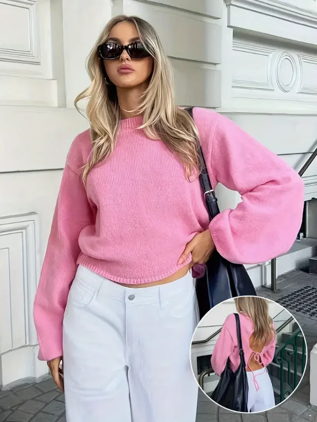 

Женский однотонный вязаный свитер с длинными рукавами, универсальный топ для весны и осени, повседневный, удобный, модный.