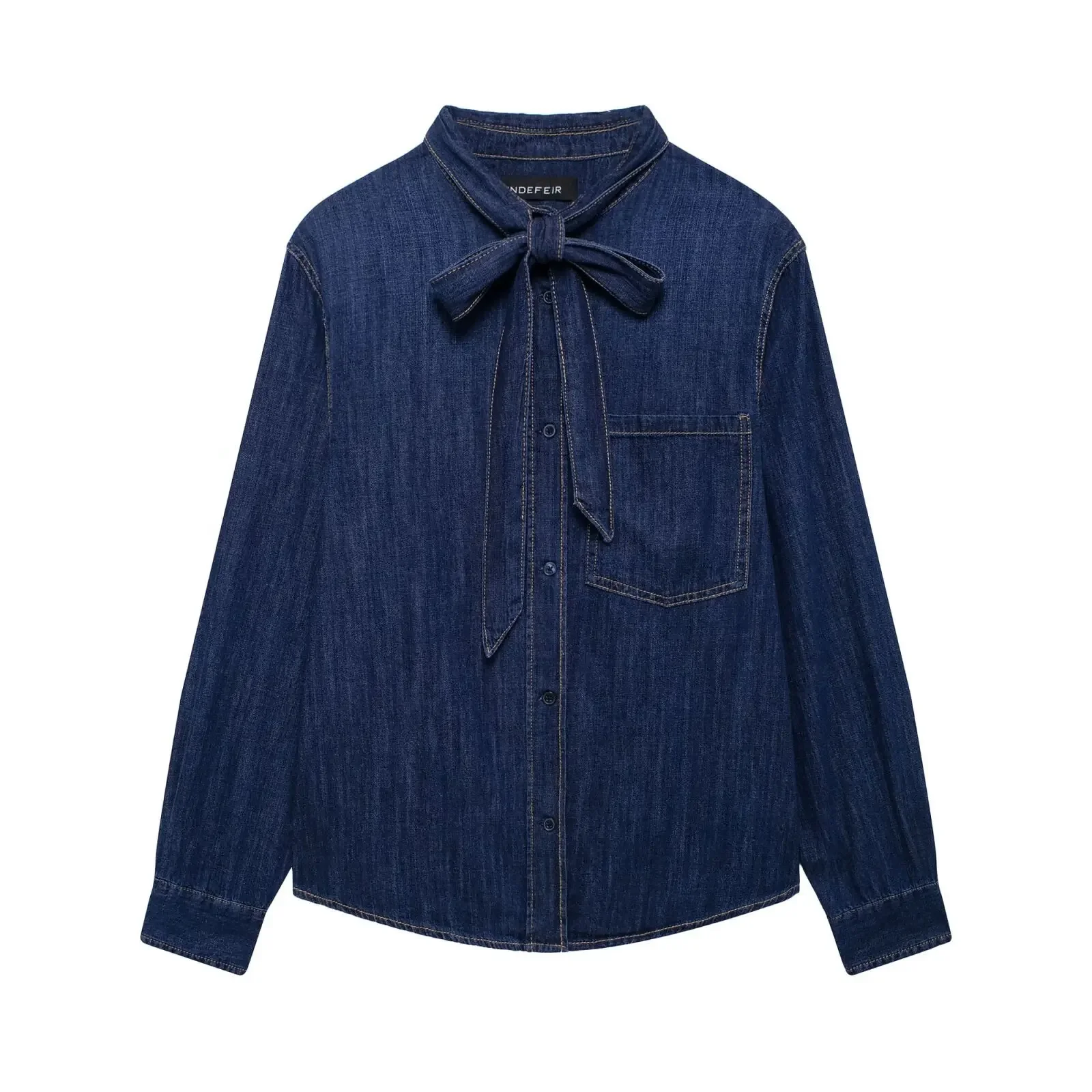 Outono manga cheia gola camisa novo estilo único bolso denim camisa borboleta nó decoração feminina botão até ajuste fino