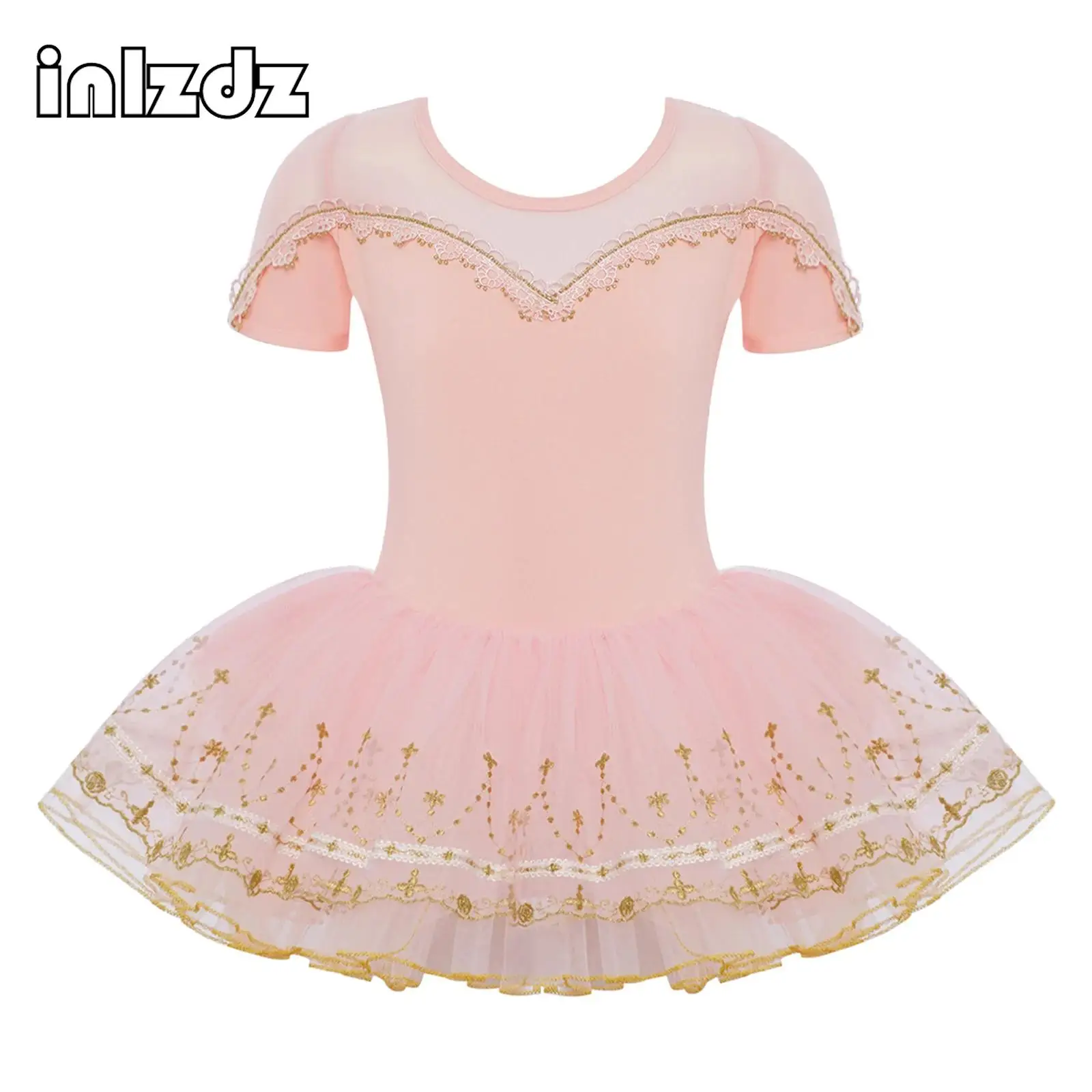 

Kids Girls Ballet Tutu Dance Dress Short Sleeve Sheer Mesh Patchwork Lace Trim Embroidery Hem for Stage Performance Costume
