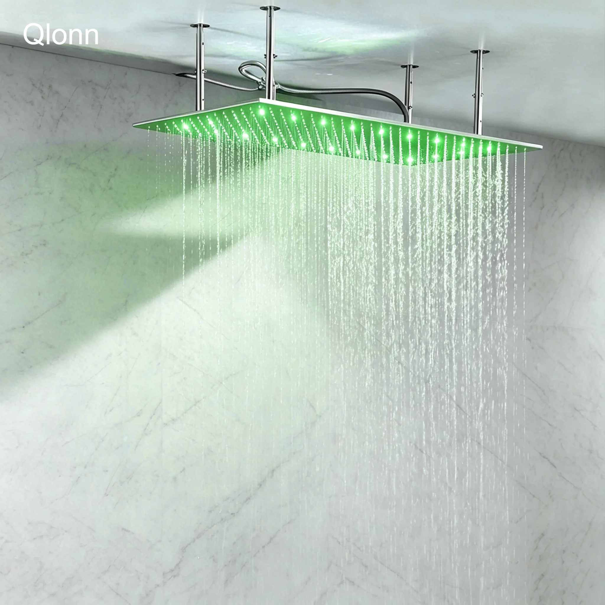 

Qlonn Hydro-Powered 3 Color Changing LED Rain Shower Head Square Stainless Steel Ceiling Mounted Customizable Bathroom Rainfall