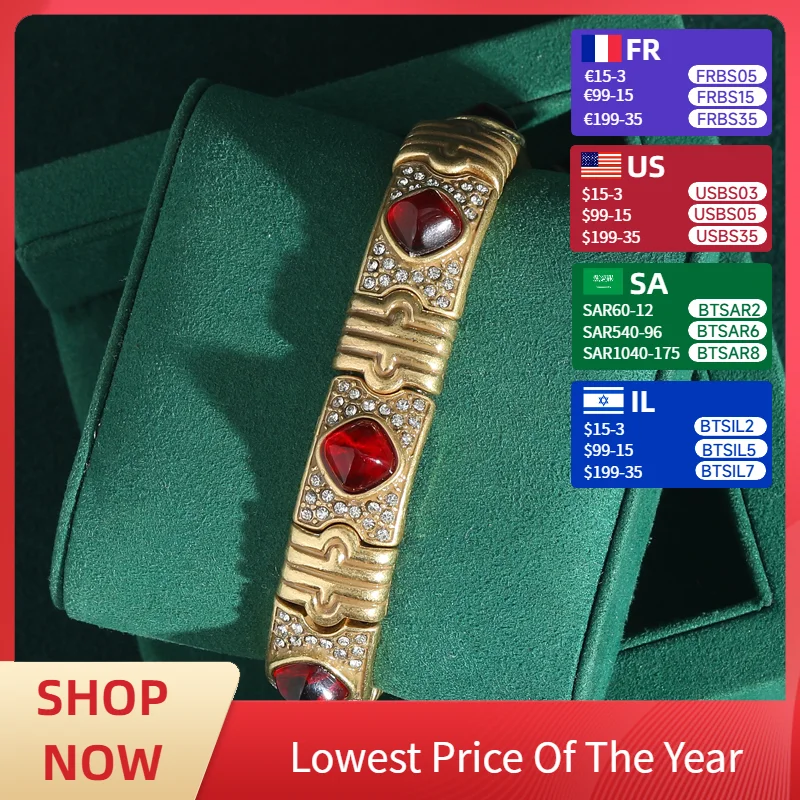 

Vintage Luxury Red Crystal Bracelets Woman Gold Color Rhinestones Charms Bangles Indian Valentine’S Day Designer Accessories