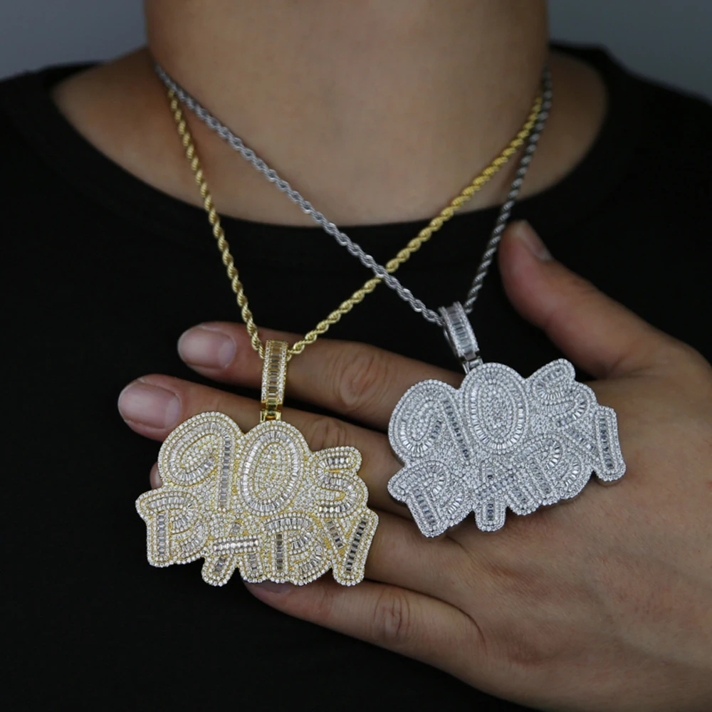Iced Out Letter 90s Baby Prong Necklace Pendant for Men Silver Color Bling Cubic Zirconia Charm Hip Hop Jewelry