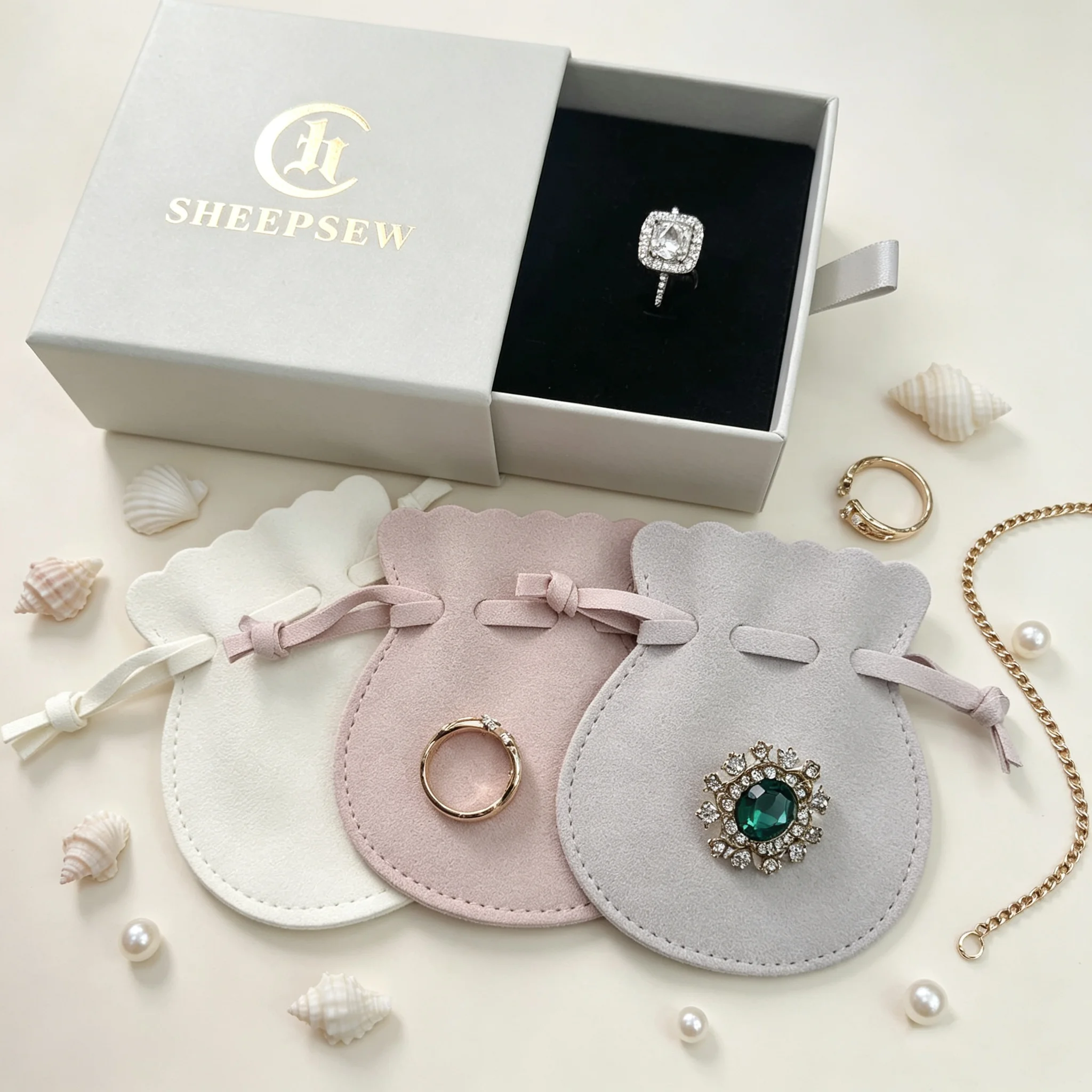 SheepSew Luxury Microfiber Suede Drawstring Jewelry Bag Custom Embossed Logo Portable Soft Pouch For Dainty Pearl Jewelry Access