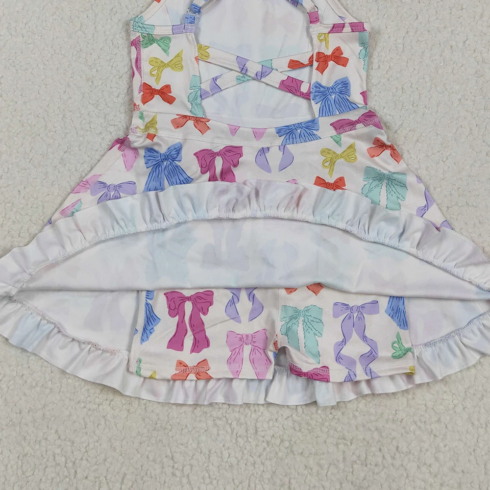 Baby Girls Yoga Ruffle Knee Length Dress with Colorful Bows Straps Kids Athletic Dress for Girls