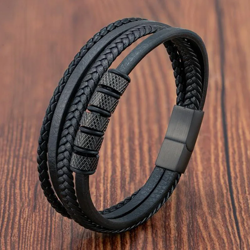 

Trendy Leather Bracelets For Men Stainless Steel Bracelet 21CM Multilayer Braided Rope Bracelets for Male Jewelry Gifts