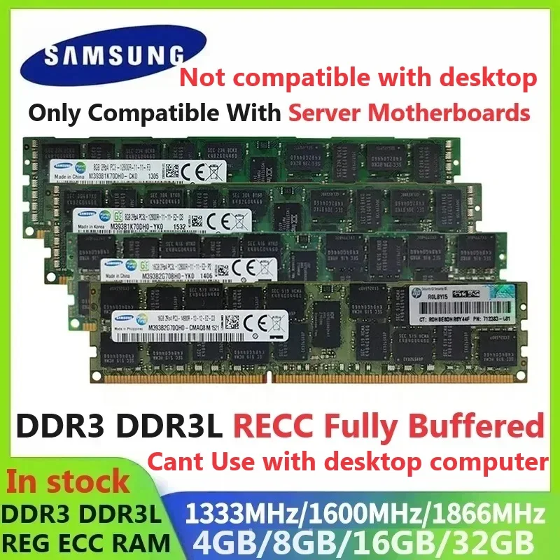 Samsung Server Memory RAM DDR3 DDR3L REGECC RAM Registered Memory 32GB 16GB 8GB 4GB Memoria Not-Compatible With Desktop Computer