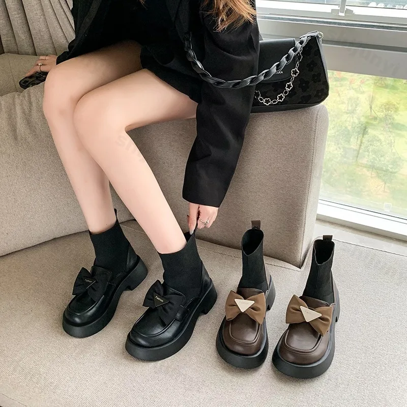 

Винтажные женские короткие ботинки с высоким берцем и бантом на толстой подошве, осень 2023, универсальные удобные ботильоны в британском стиле