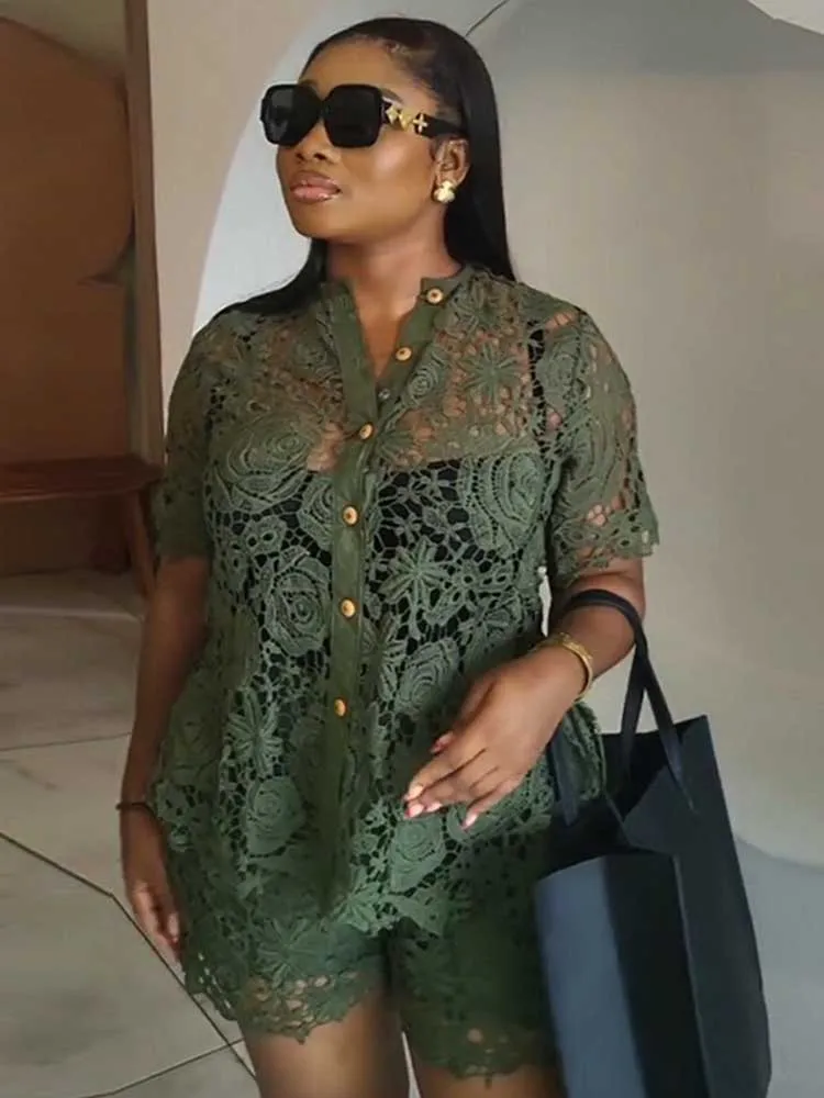 

Летний женский наряд Женская одежда Кружевная рубашка с вырезом Топ и шорты с высокой талией Комплект из 2 предметов Летний комплект для женщин Зеленый