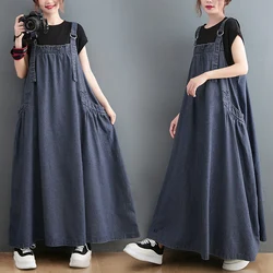 Stylish plus Size Women's Denim Skirt Dress Long over Knee Loose Slimming Vintage Korean Style High Waist Maxi Dress