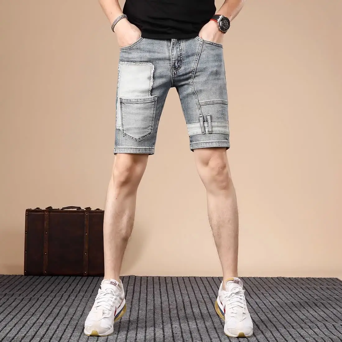 Summer Trendy Brand Denim Shorts Men's 2025 New Slim-fitting Splicing Casual Elastic Men's Medium Pants Youth Short Pants Man