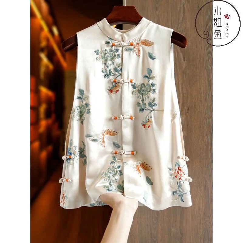 Champagne Color High-end Chinese Vest Women 2022 Summer New Middle-Aged Elderly Printing Retro Country Trendy Button Top Female