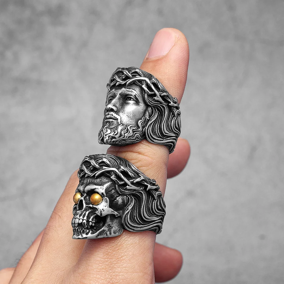 Religion Jesus Skull Stainless Steel Womens Mens Rings Punk