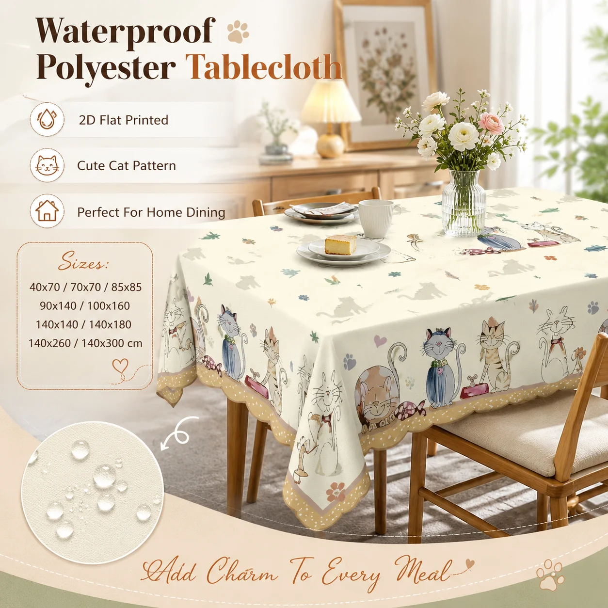 

Cute Cat Print Tablecloth Waterproof Polyester Table Cover For Kitchen Dining Room Decor 2D Flat Printed Cartoon Animal Cloth