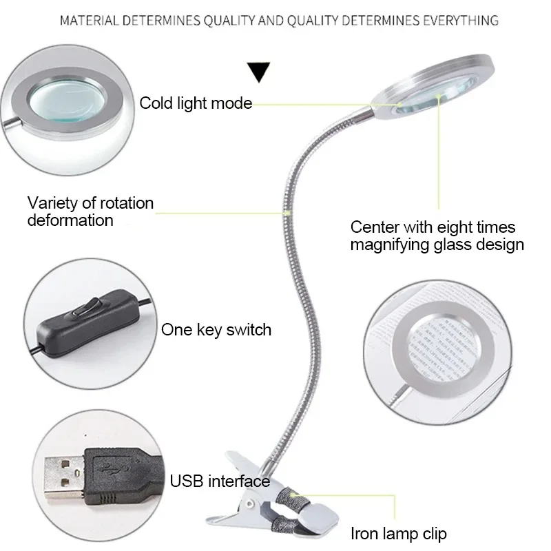 8X Adjustable Magnifier Portable LED Desk Lamp Magnifying Glass with Clip and Circular Light for Elderly Reading/Repair/Jewelry