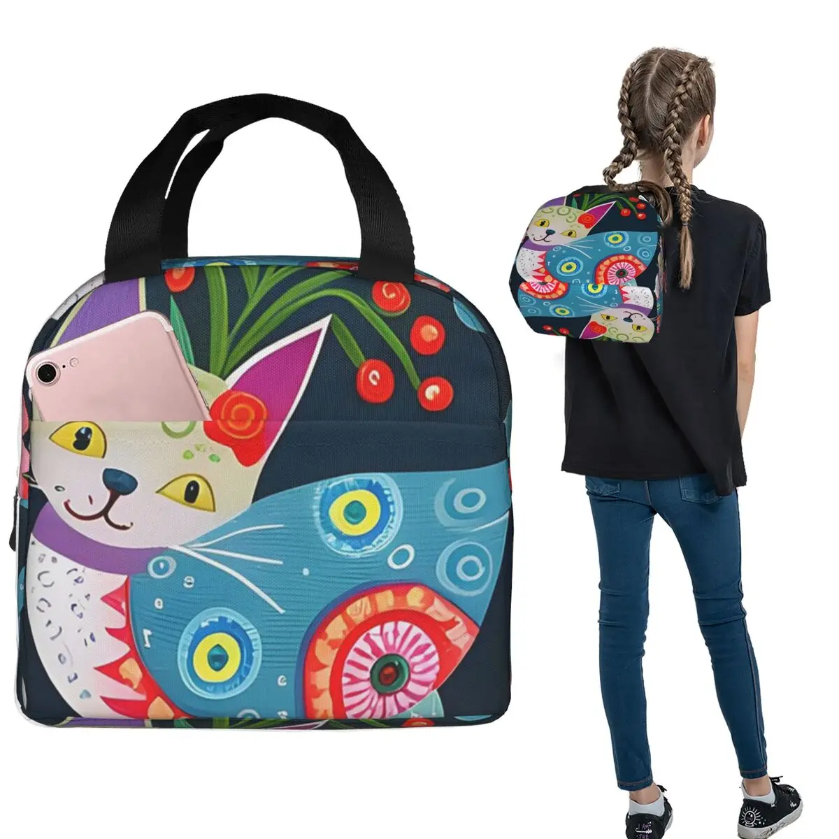 Abstract Colorful Floral Cat Oil Painting Insulated Lunch Bag for Women Children Leakproof Food Boxes Thermal Lunch Box Tote