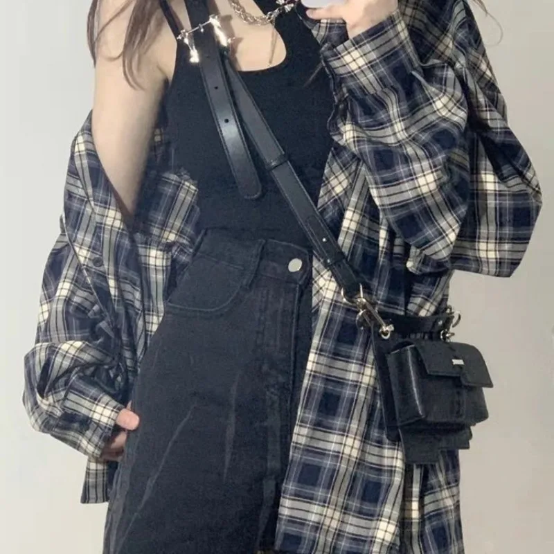 Deeptown Y2k Long Sleeve Plaid Shirts Vintage Woman Korean Style Blouses Japanese Harajuku Fashion Oversized Outerwears Summer