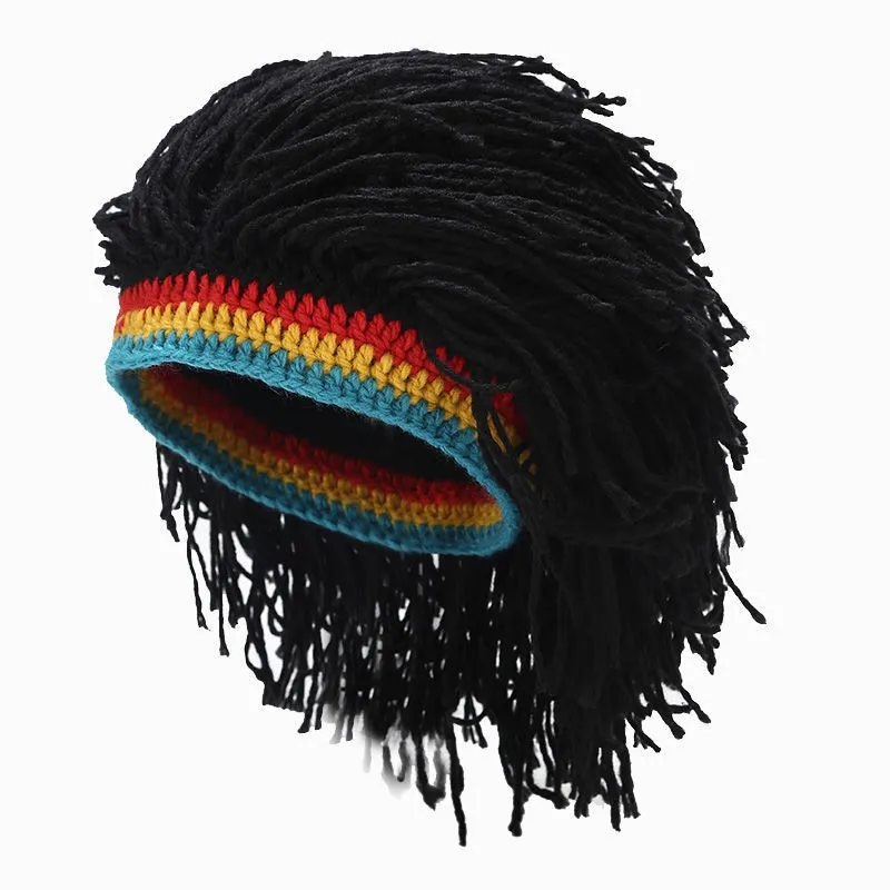 Gorro de punto jamaicano con rastas negras para hombre, gorro rasta de cosplay con peluca de rastas negras divertidas para hombre