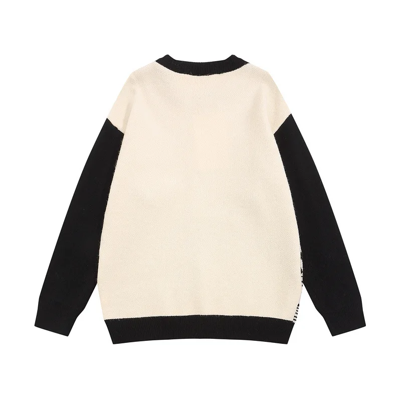 Suéter de Jacquard con notas musicales para hombre, jersey de manga larga holgado, con paneles de contraste, cuello redondo, Retro, informal, Otoño e Invierno