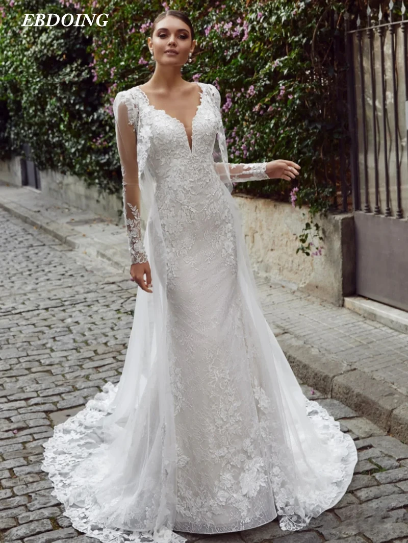 Abito da sposa più nuovo scollo a v in pizzo a sirena maniche lunghe con apertura sul retro su misura taglie forti Vestidos De Novias