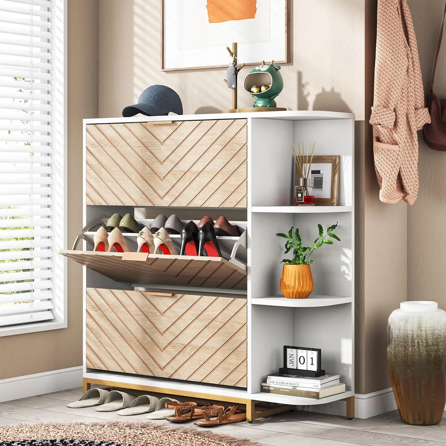 Little Tree Modern Shoe Cabinet For Entryway, Wood Shoe Storage Cabinet With 3 Flip Drawers And Open Shelves, Industrial