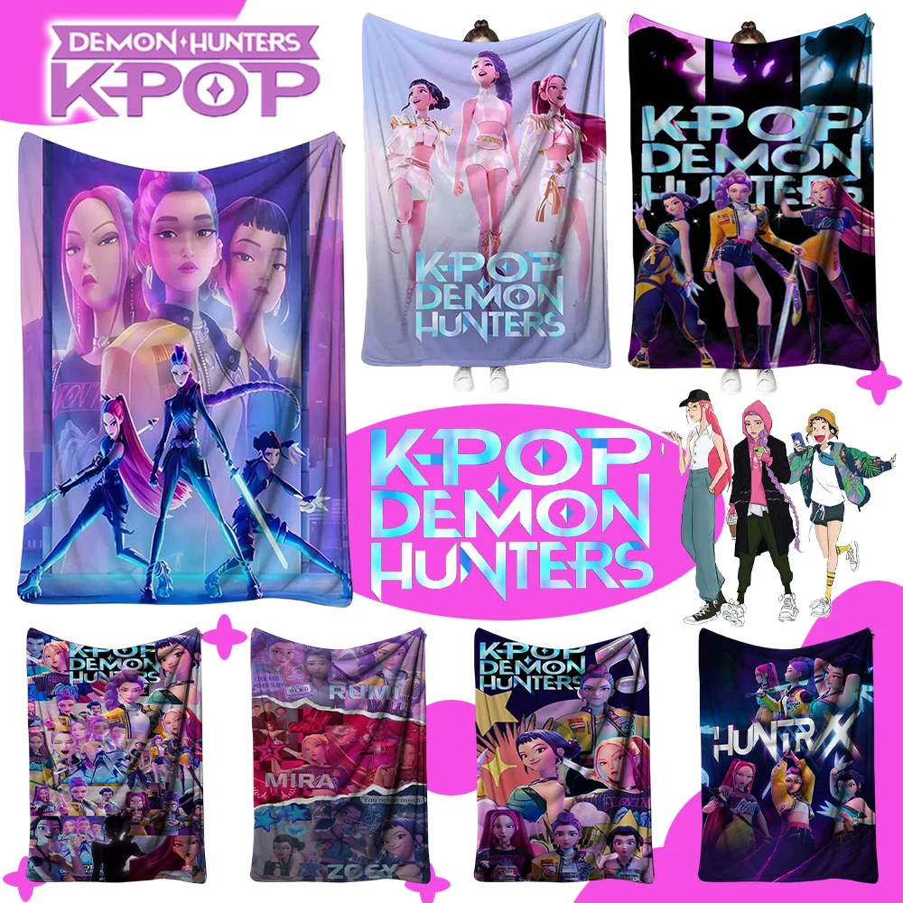 ผ้าห่มลาย KPop Demon Hunters ผ้าฟลานเนล ผ้าห่มนุ่มสบาย พิมพ์ลายรูมิ มิรา โซอี้ ใช้ได้กับรถยนต์ แคมป์ปิ้ง โซฟา ผ้าห่มอเนกประสงค์สำหรับเดินทาง ของขวัญคริสต์มาส