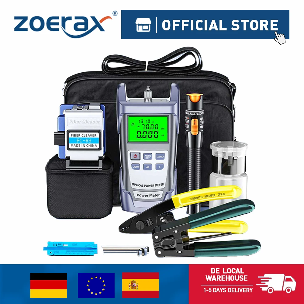 ZoeRax 11 in 1 Kit di strumenti per fibra ottica FTTH con taglierina per fibra ottica -70~+10dBm Misuratore di potenza ottica Localizzatore visivo di guasti da 10 MW