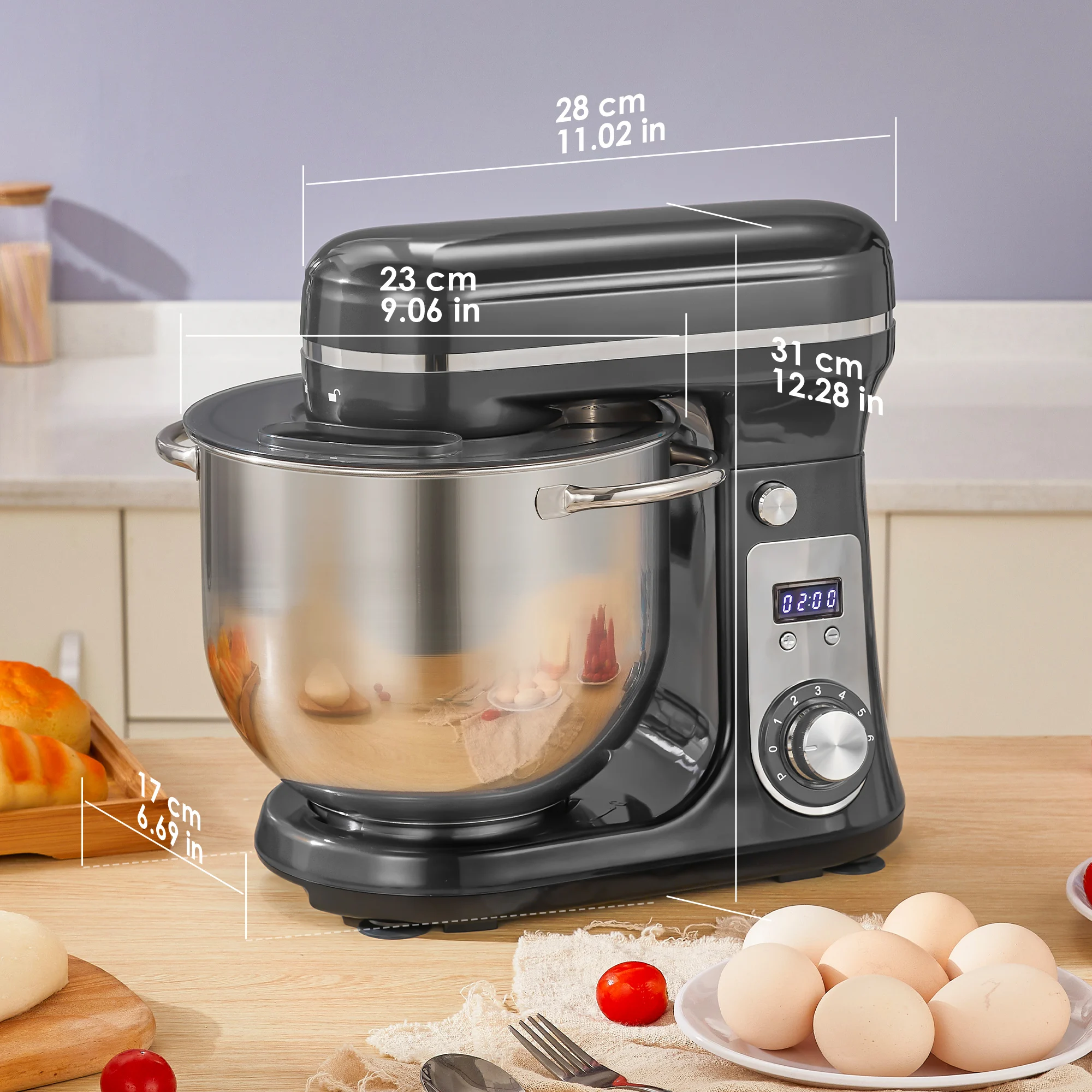 BioloMix 6-Gang-Standmixer für die Küche, 1200 W DC, leiser Motor, 6 l Edelstahlschüssel mit Sahne-Ei-Schneebesen, Peitsche, Teigkneter – Detail 9