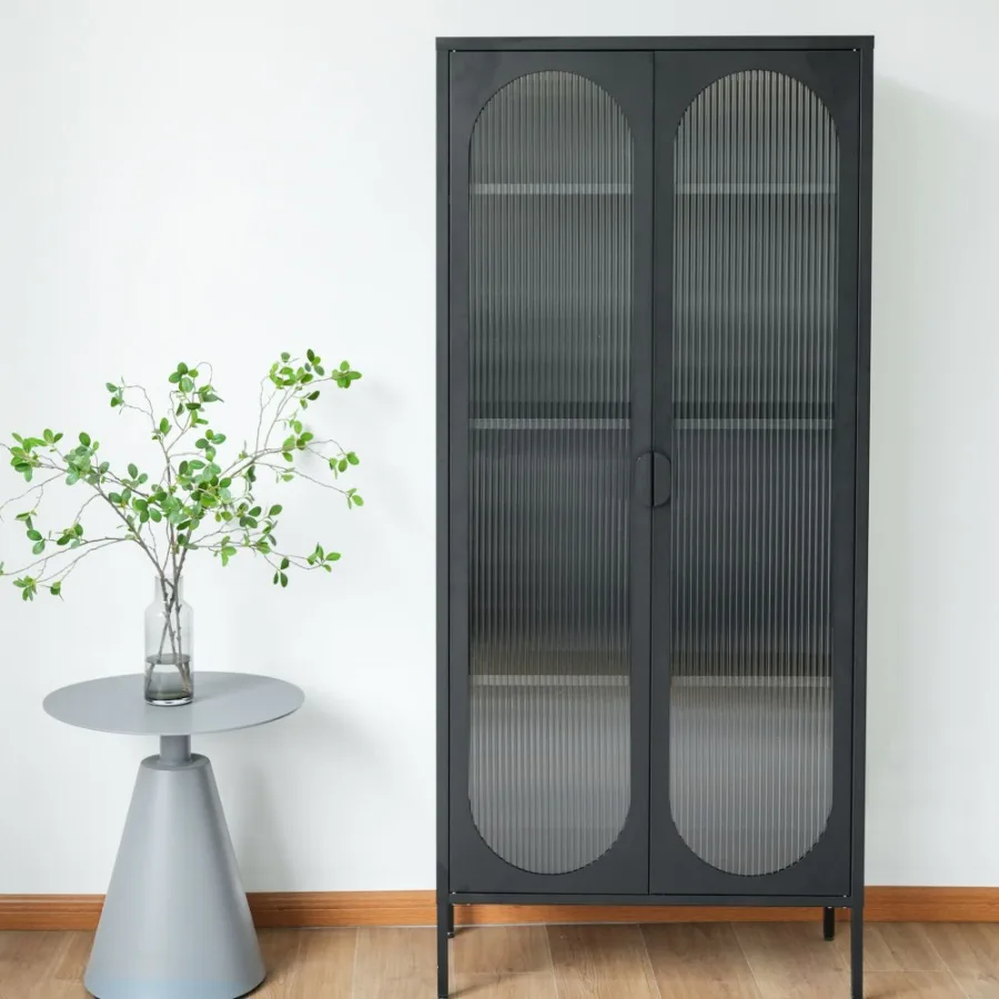 

Modern Tall Glass Storage Cabinet with Adjustable Shelves Doors