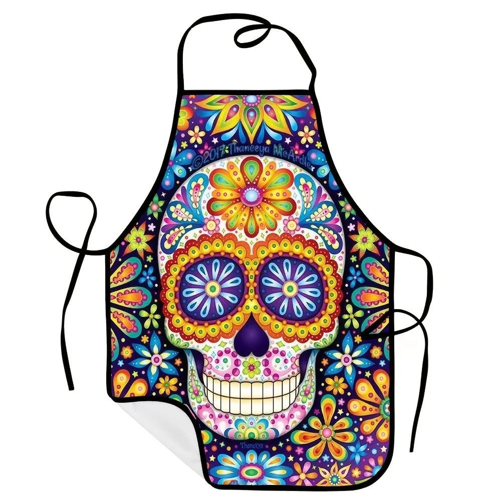 1pc Kitchen Apron,Colorful Printed Cooking Apron,Skull Pattern Apron, Baking Accessories,Chef Waiter Coffee Shop Barbecue Apron