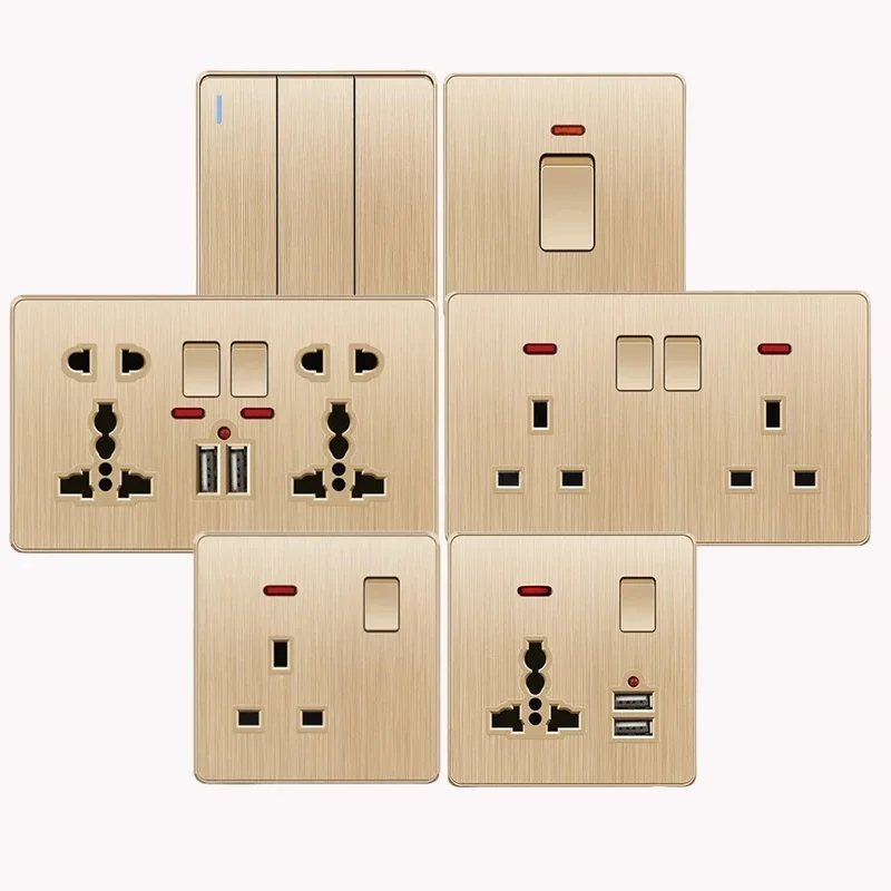 Gold 13A UK Plug USB Wall Socket,Household electric light switch,Universal 5 hole Dual Socket with USB Charger,AC110-250V