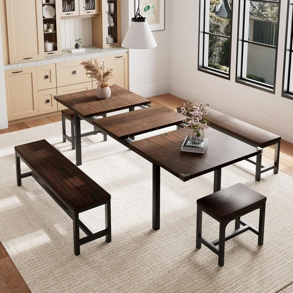 

5 Pieces Dining Room Table Set For 4-6, 63' Extendable Kitchen Table Set With 2 Benches & 2 Stools, Small Dining Table Set