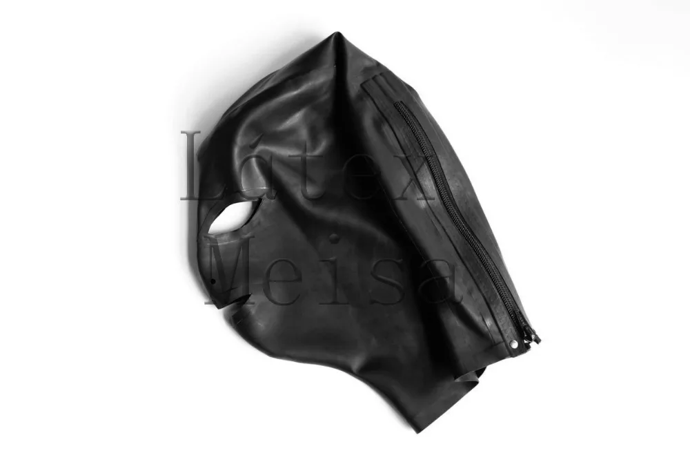 latex hoods open eyes nostrils and mouth in black and black trim color with back zip