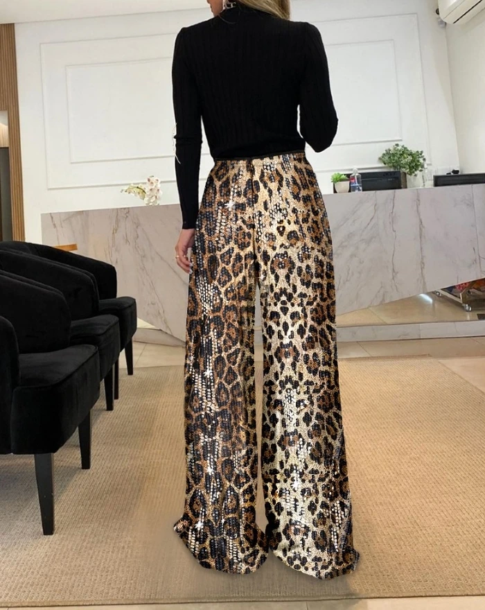 Women's Pants Autumn New Leopard Pattern High Waist Pants Allover Sequin Wide Leg Trousers Street Fashion Retro Casual Pants