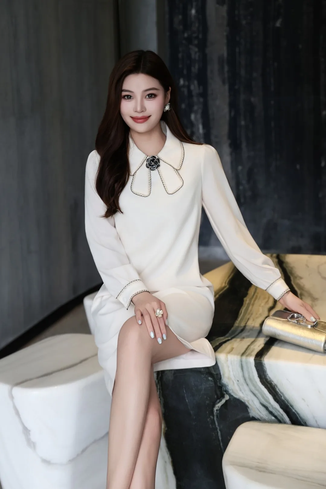 ZJYT Runway Fashion Donna Manica lunga Abito casual Bianco Nero Autunno 2025 Designer floreale Bowknot Solido Breve abito corto Lady