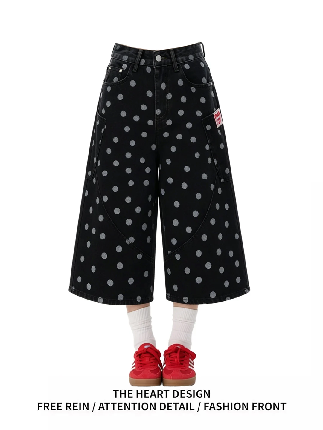 

Retro American Polka Dot Print Women's Wide Leg Jeans Summer New Loose Fit Casual High Waist Denim Pants Versatile Seven-Quar...