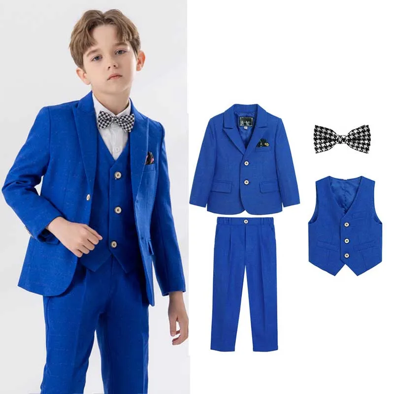 Flower Boys Royal Blue Jacket Vest Pants Bowtie 4PS Piano Party Dress Kids Ceremony Photograph Suit Children Performance Costume