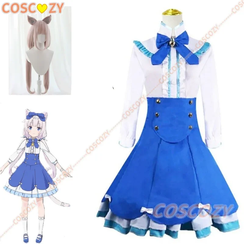 Costume Cosplay alla vaniglia parrucca rosa Anime Nekopa Cat Girls Women Lolita Dress uniforme Sexy Halloween Party Blue Dress Set