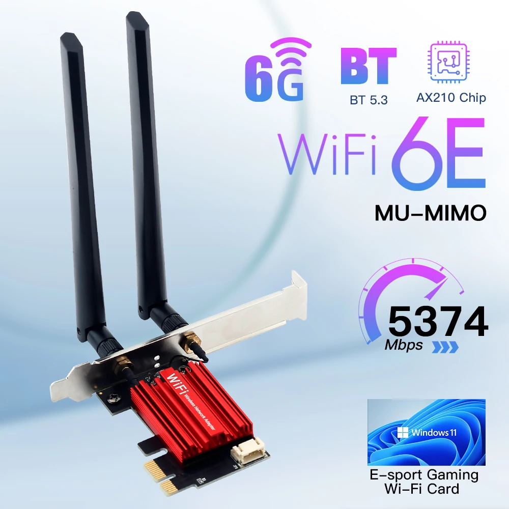 WiFi 6E AX210Wireless Wifi Card  802.11ax Bluetooth 5.3 PCIE  X1/4/8/16 Wlan Card 5374Mbps 2.4G/5G/6G wifi adaptador адаптер