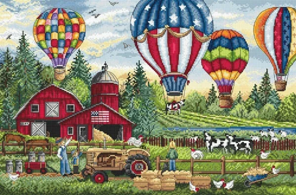 DIY Needle Work Cross Stitch Set Hot air balloons on farm 55-40 counted Cross Stitch Kit  28ct 14ct 32ct Metallic cotton aida