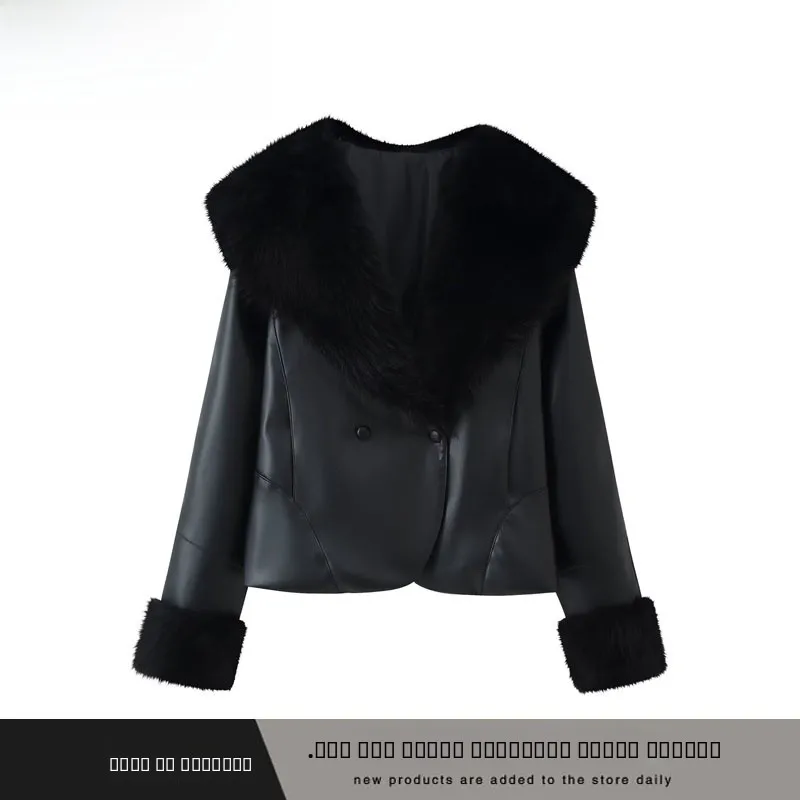 

Faionable Long Sve Fur Collar Лоскутная кожаная куртка женская новая осенне-зимняя уличная одежда из полиэфирного волокна 00%