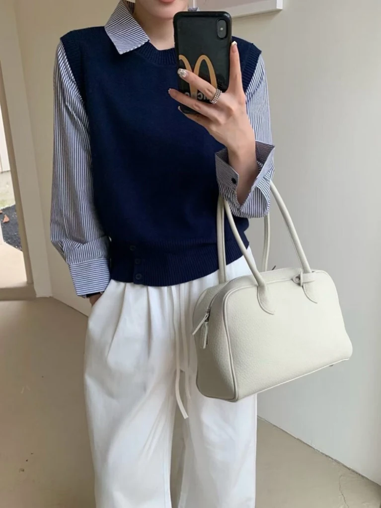 

Новый женский полосатый вязаный свитер 2025 года: модный офисный топ с дизайнерскими вставками, осенний, легкий, деловой, повседневный, с длинным рукавом