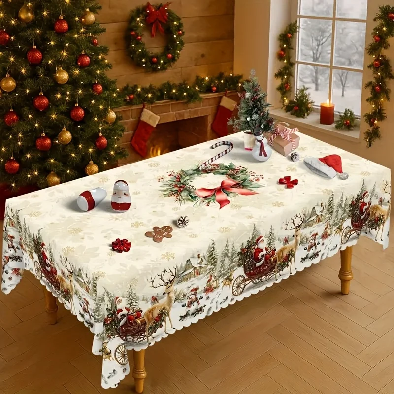 VIKAMA Christmas Rectangular Tablecloth Set Wreath Reindeer Snow Scene Waterproof Washable Table Cover for Vintage Xmas Decor