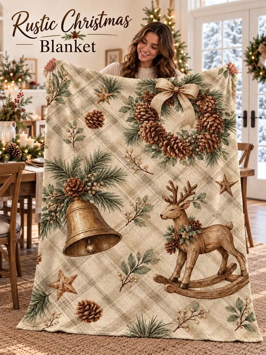 Christmas Flannel Blankets & Throws Bells Rocking Reindeer Pinecone Wreath Illustration for Sofa Bed Couch Bedroom Living Room Office Lounge Apartment Dorm Camper Travel Nap Cabin Home Decor Gifts Family Friends Thanksgiving Birthday Anniversary